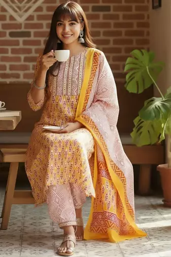 Ethnic Motifs Printed Round Neck Straight Kurta With Pyjamas & Dupatta