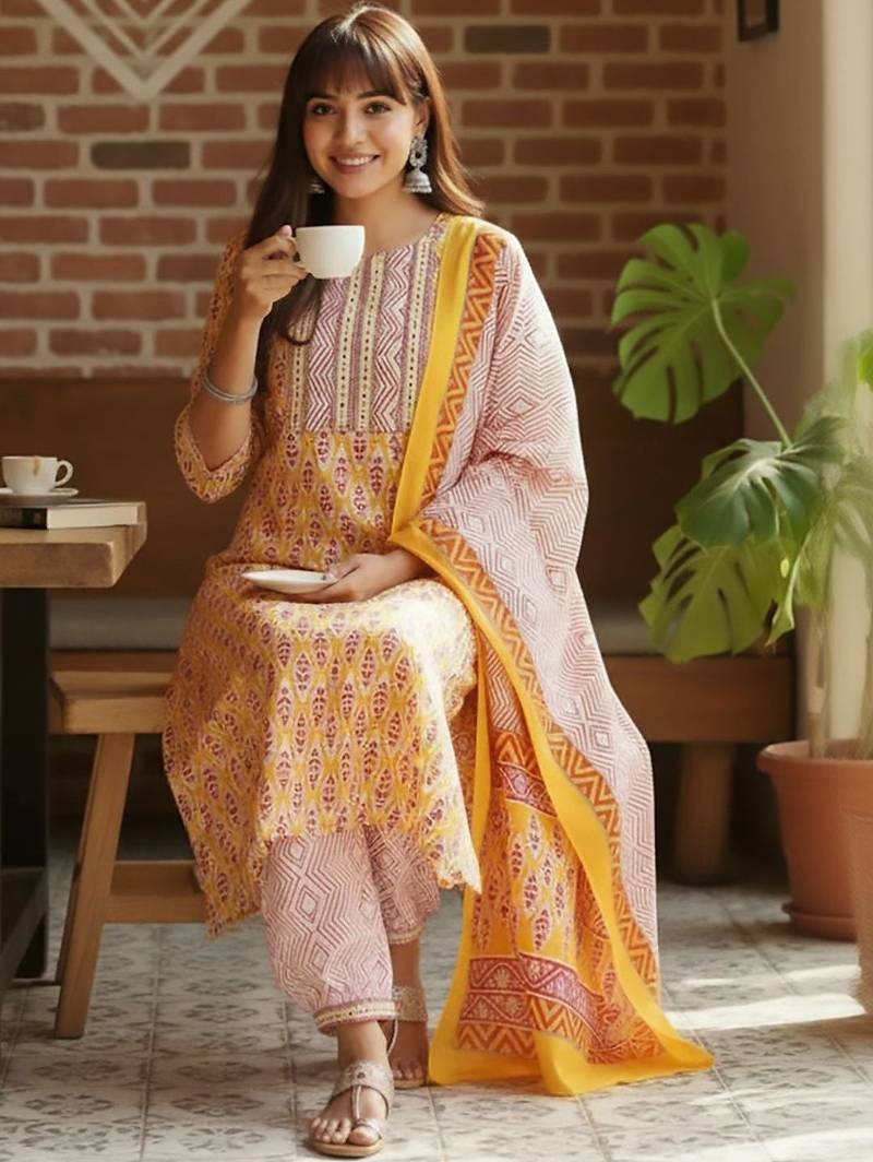 Ethnic Motifs Printed Round Neck Straight Kurta With Pyjamas & Dupatta