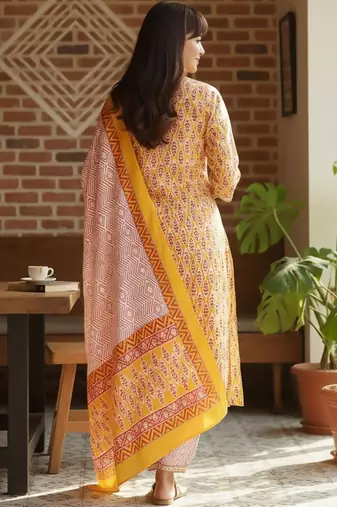 Ethnic Motifs Printed Round Neck Straight Kurta With Pyjamas & Dupatta