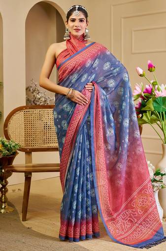 Blue shimmer printed zari saree with unstitched blouse piece.