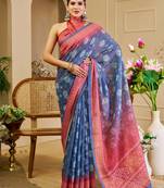 Blue shimmer printed zari saree with unstitched blouse piece.