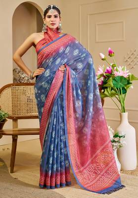 Blue shimmer printed zari saree with unstitched blouse piece. 2