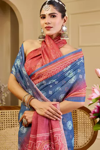 Blue shimmer printed zari saree with unstitched blouse piece.