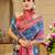 Blue shimmer printed zari saree with unstitched blouse piece.