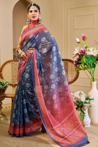 Blue shimmer printed zari saree with unstitched blouse piece.