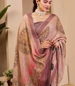 Mauve shimmer printed zari saree with unstitched blouse piece.