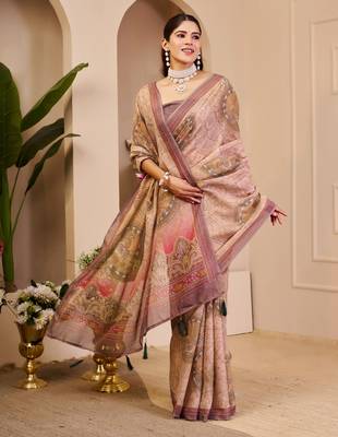 Mauve shimmer printed zari saree with unstitched blouse piece. 2