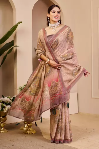 Mauve shimmer printed zari saree with unstitched blouse piece.