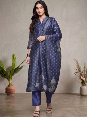 Women Ethnic Motifs Printed Regular Chanderi Silk Kurta with Trousers & With Dupatta 1