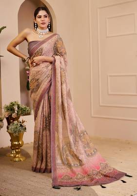 Mauve shimmer printed zari saree with unstitched blouse piece. 4