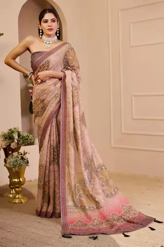 Mauve shimmer printed zari saree with unstitched blouse piece.