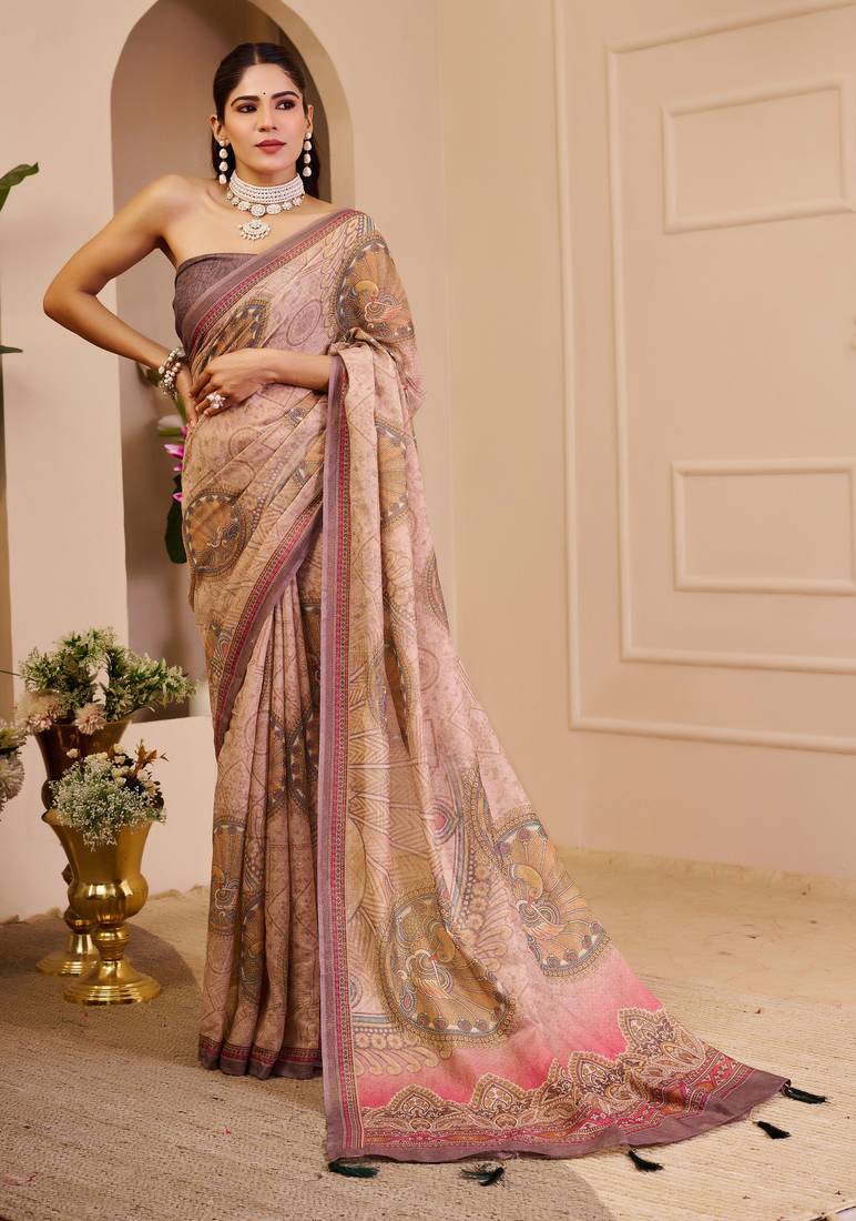 Mauve shimmer printed zari saree with unstitched blouse piece.