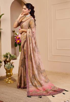 Mauve shimmer printed zari saree with unstitched blouse piece. 5