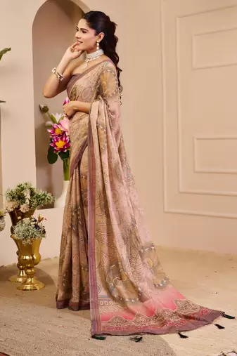 Mauve shimmer printed zari saree with unstitched blouse piece.