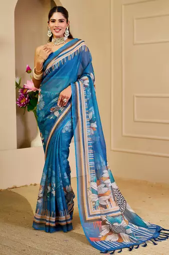 Blue shimmer printed zari saree with unstitched blouse piece.