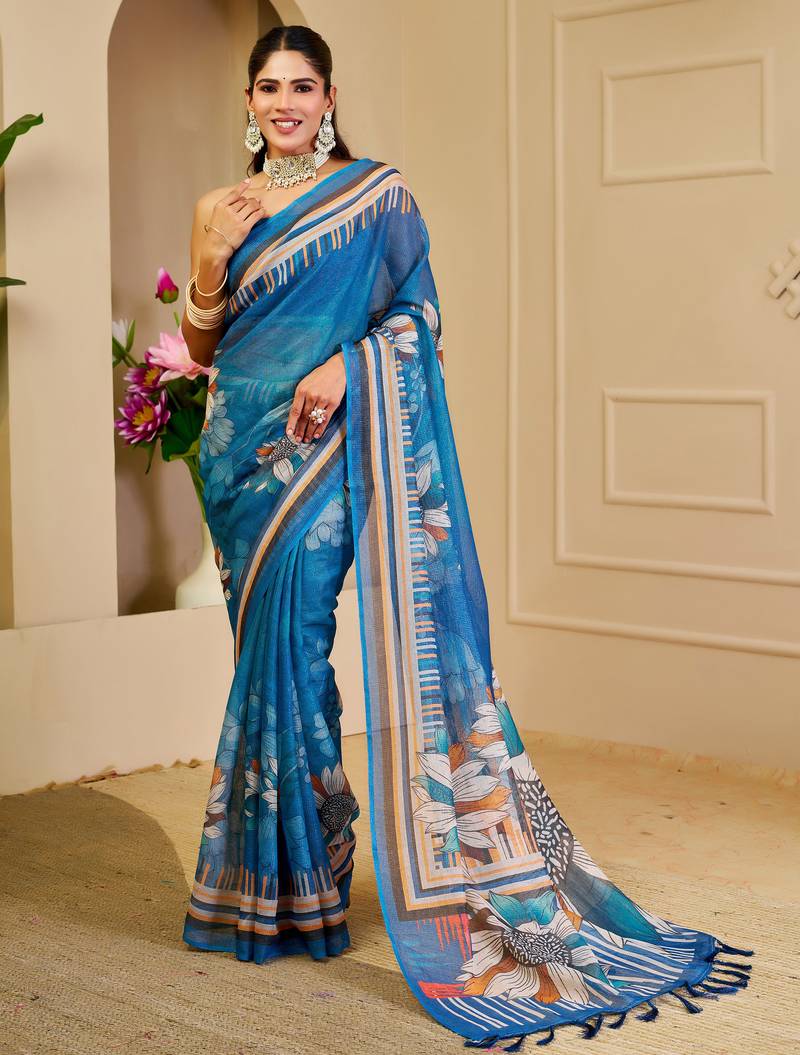 Blue shimmer printed zari saree with unstitched blouse piece.