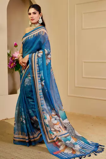 Blue shimmer printed zari saree with unstitched blouse piece.
