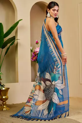 Blue shimmer printed zari saree with unstitched blouse piece.
