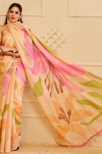 Peach shimmer printed zari saree with unstitched blouse piece.