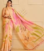 Peach shimmer printed zari saree with unstitched blouse piece.