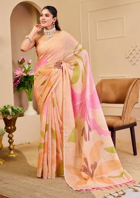 Peach shimmer printed zari saree with unstitched blouse piece. 2