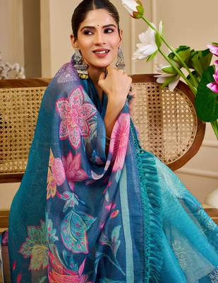 Blue shimmer printed zari saree with unstitched blouse piece. 2