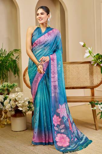 Blue shimmer printed zari saree with unstitched blouse piece.