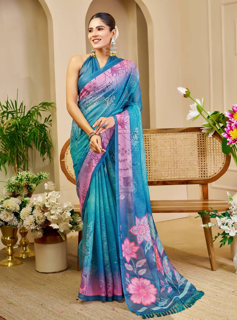 Blue shimmer printed zari saree with unstitched blouse piece.