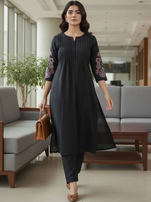 Women Ethnic Motifs Embroidered Panelled Thread Work Kurta with Trousers 3