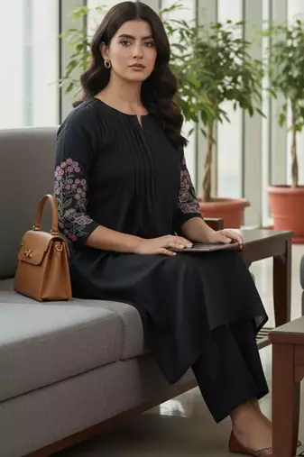 Women Ethnic Motifs Embroidered Panelled Thread Work Kurta with Trousers