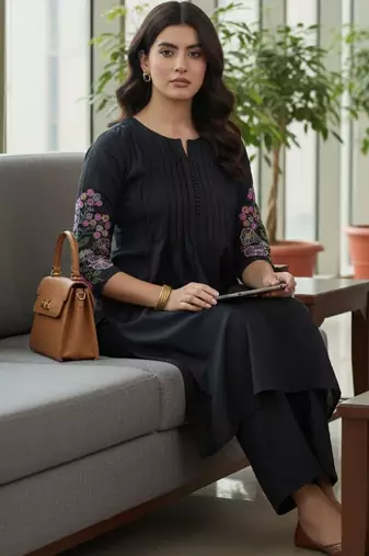 Women Ethnic Motifs Embroidered Panelled Thread Work Kurta with Trousers