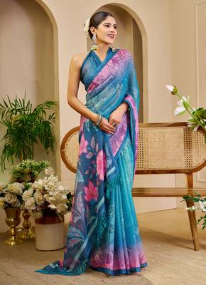 Blue shimmer printed zari saree with unstitched blouse piece. 4