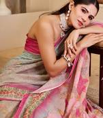 Pink shimmer printed zari saree with unstitched blouse piece.