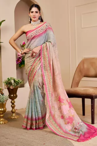 Pink shimmer printed zari saree with unstitched blouse piece.