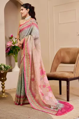 Pink shimmer printed zari saree with unstitched blouse piece.