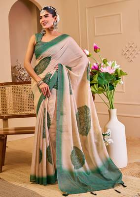Beige shimmer printed zari saree with unstitched blouse piece. 2