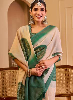 Beige shimmer printed zari saree with unstitched blouse piece. 4