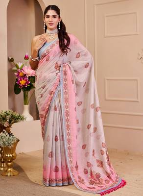 Pink shimmer printed zari saree with unstitched blouse piece. 1