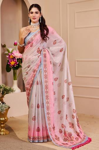 Pink shimmer printed zari saree with unstitched blouse piece.