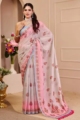 Pink shimmer printed zari saree with unstitched blouse piece.