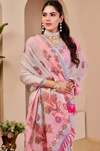 Pink shimmer printed zari saree with unstitched blouse piece.