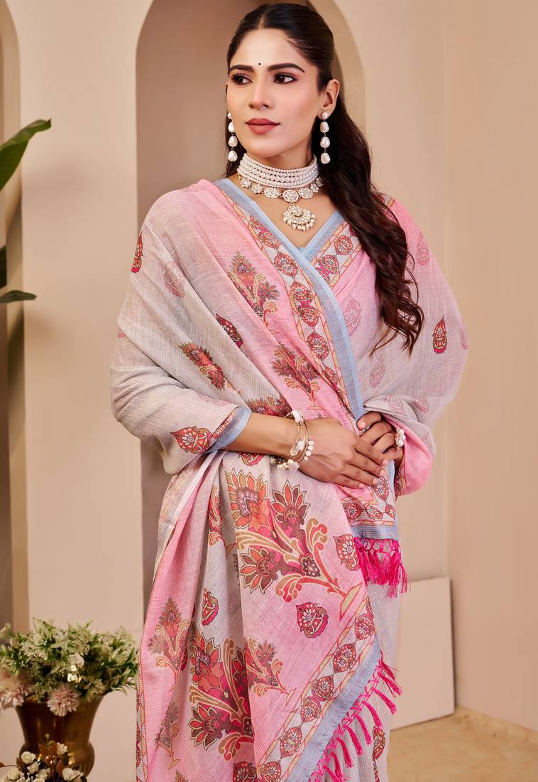 Pink shimmer printed zari saree with unstitched blouse piece.