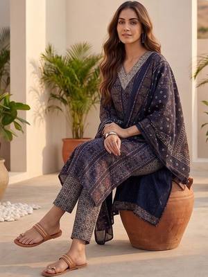Women Ethnic Motifs Printed Regular Thread Work Kurta with Trousers & With Dupatta 1