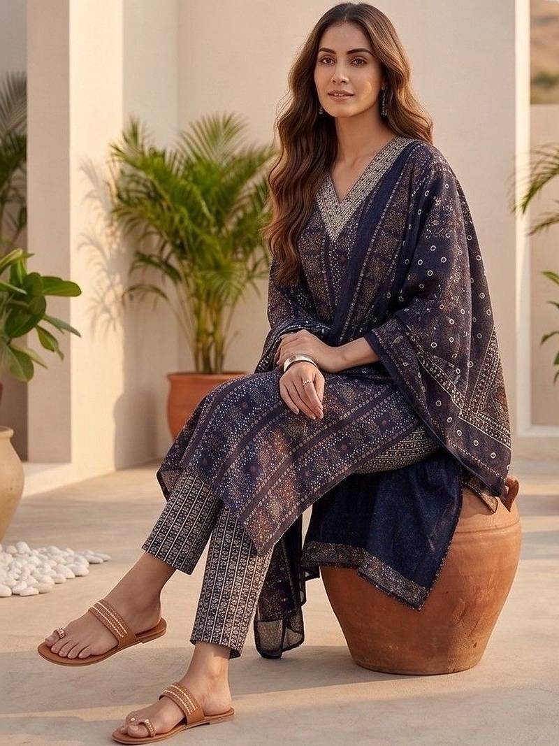 Women Ethnic Motifs Printed Regular Thread Work Kurta with Trousers & With Dupatta