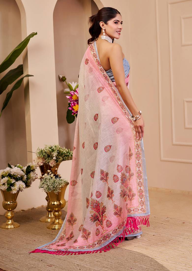 Pink shimmer printed zari saree with unstitched blouse piece.