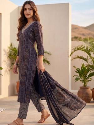 Women Ethnic Motifs Printed Regular Thread Work Kurta with Trousers & With Dupatta 2