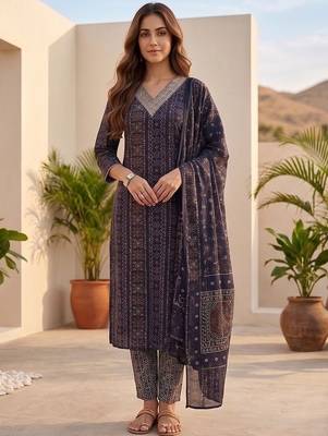 Women Ethnic Motifs Printed Regular Thread Work Kurta with Trousers & With Dupatta 5