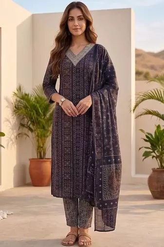Women Ethnic Motifs Printed Regular Thread Work Kurta with Trousers & With Dupatta