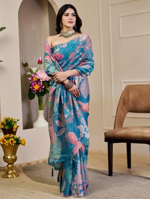Blue shimmer printed zari saree with unstitched blouse piece. 5