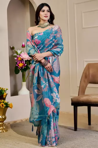 Blue shimmer printed zari saree with unstitched blouse piece.